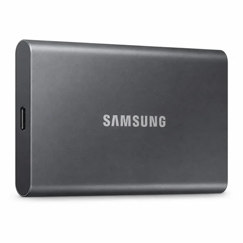 SSD portable Samsung T7 gris vu de trois quarts