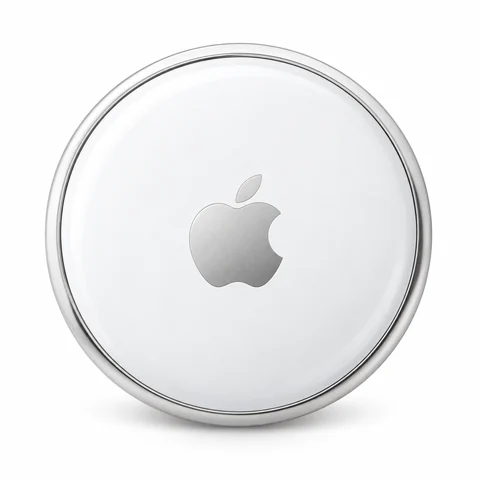 Traceur Apple AirTag rond, face métallique avec logo Apple