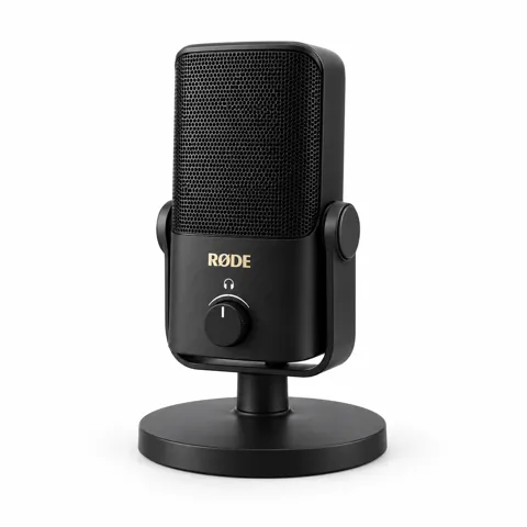 Illustration générée par IA du microphone RØDE NT-USB Mini noir sur son pied de bureau circulaire