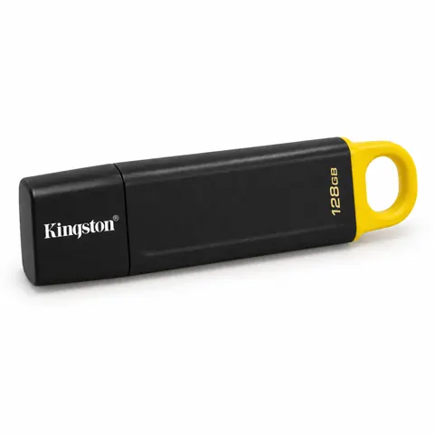 Illustration générée par IA d’une clé USB Kingston DataTraveler Exodia noire, capuchon fermé et anneau jaune