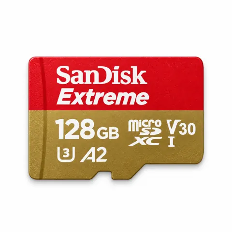 Illustration générée par IA de la carte microSD SanDisk Extreme rouge et dorée sur fond blanc