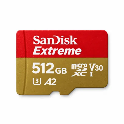 Illustration générée par IA de la carte microSD SanDisk Extreme rouge et dorée sur fond blanc