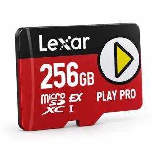 Illustration générée par IA de la carte Lexar PLAY PRO rouge et noire marquée 256 GB, avec triangle jaune, sur fond blanc