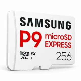 Illustration générée par IA de la carte Samsung P9 Express blanche, inscriptions rouges et capacité 256, sur fond blanc