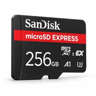 Illustration générée par IA de la carte SanDisk microSD Express noire à bande rouge, marquée 256 GB, sur fond blanc