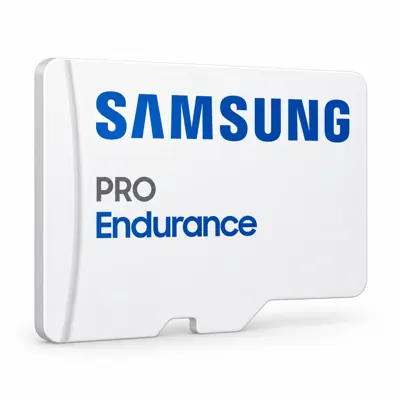 Illustration générée par IA d’une carte microSD Samsung PRO Endurance 2022 blanche à inscription noire et bleue, sans capacité indiquée, sur fond blanc