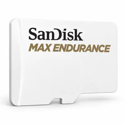 Illustration générée par IA d’une carte microSD SanDisk MAX Endurance blanche à inscription noire et dorée, sans capacité indiquée, sur fond blanc