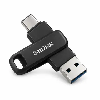 Illustration générée par IA de la clé SanDisk Ultra Dual Drive Go noire, protection pivotante et connecteurs USB-A et USB-C sur fond blanc