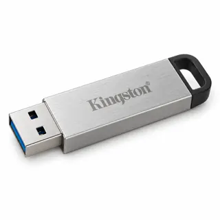 Illustration générée par IA de la clé Kingston DataTraveler Kyson argentée à boucle noire et connecteur USB-A sur fond blanc