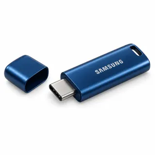 Illustration générée par IA de la clé Samsung USB Type-C bleue, capuchon à côté et connecteur USB-C visible sur fond blanc