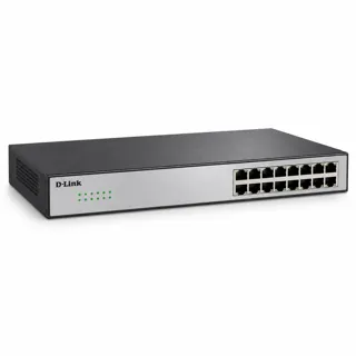 Illustration générée par IA du switch D-Link DGS-1016D argenté et noir, prises RJ45 visibles en façade