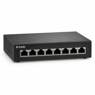 Illustration générée par IA du switch D-Link DGS-108 sombre, prises RJ45 visibles en façade