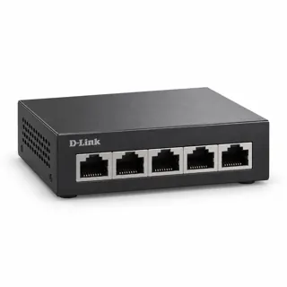 Illustration générée par IA du switch D-Link DMS-105 sombre, prises RJ45 visibles en façade
