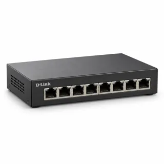Illustration générée par IA du switch D-Link DMS-108 sombre, prises RJ45 visibles en façade