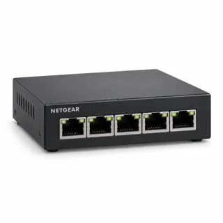 Illustration générée par IA du switch NETGEAR GS305v3 sombre, prises RJ45 visibles en façade
