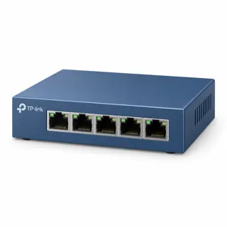 Illustration générée par IA du switch TP-Link LS105G bleu, prises RJ45 visibles en façade