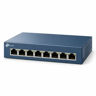 Illustration générée par IA du switch TP-Link LS108G bleu, prises RJ45 visibles en façade