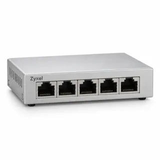 Illustration générée par IA du switch Zyxel MG-105 argenté, prises RJ45 visibles en façade