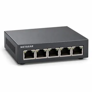 Illustration générée par IA du switch NETGEAR MS105 sombre, prises RJ45 visibles en façade