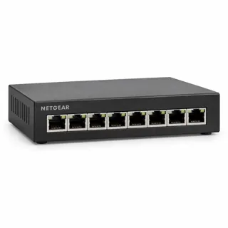 Illustration générée par IA du switch NETGEAR MS308 sombre, prises RJ45 visibles en façade