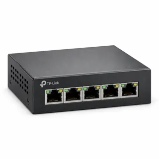 Illustration générée par IA du switch TP-Link TL-SG1005P sombre, prises RJ45 visibles en façade