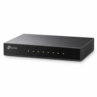 Illustration générée par IA du switch TP-Link TL-SG1008P sombre, voyants visibles en façade