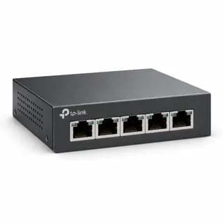Illustration générée par IA du switch TP-Link TL-SG105 sombre, prises RJ45 visibles en façade