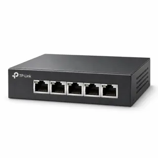 Illustration générée par IA du switch TP-Link TL-SG105E sombre, prises RJ45 visibles en façade