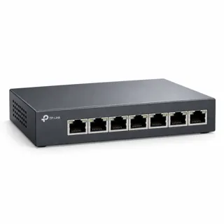 Illustration générée par IA du switch TP-Link TL-SG108 sombre, prises RJ45 visibles en façade
