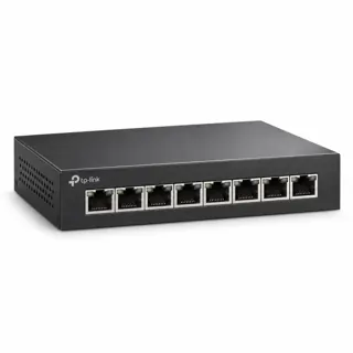 Illustration générée par IA du switch TP-Link TL-SG108-M2 sombre, prises RJ45 visibles en façade