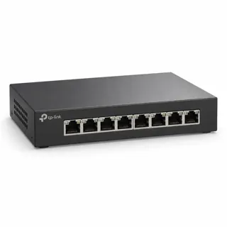 Illustration générée par IA du switch TP-Link TL-SG108PE sombre, prises RJ45 visibles en façade