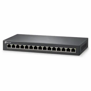 Illustration générée par IA du switch TP-Link TL-SG116 sombre, prises RJ45 visibles en façade