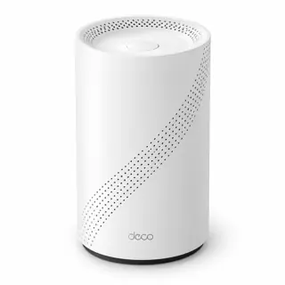 Illustration générée par IA : une borne TP-Link Deco BE65, boîtier cylindrique blanc, coffret d’une borne