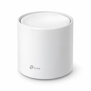 Illustration générée par IA : une borne TP-Link Deco X50, boîtier cylindrique blanc, coffret d’une borne