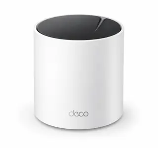 Illustration générée par IA : une borne TP-Link Deco X55, boîtier cylindrique blanc à sommet noir, représentant une des 3 bornes du coffret
