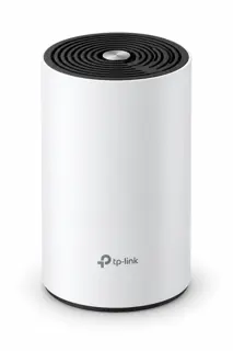 Illustration générée par IA : une borne TP-Link Deco XE75, boîtier cylindrique blanc à sommet noir, représentant une des 2 bornes du coffret