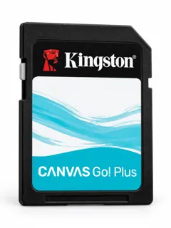 Illustration générée par IA d’une carte SD grand format Kingston Canvas Go! Plus Gen4, boîtier noir et étiquette turquoise et blanche, sans capacité indiquée
