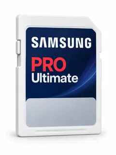 Illustration générée par IA d’une carte SD grand format Samsung PRO Ultimate SD, boîtier blanc et étiquette bleu foncé, sans capacité indiquée