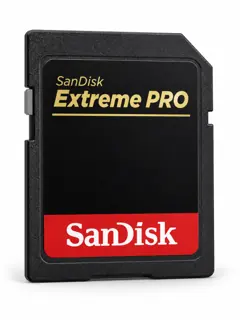 Illustration générée par IA d’une carte SD grand format SanDisk Extreme PRO UHS-I 200 Mo/s, boîtier noir et étiquette noire à accents dorés et rouges, sans capacité indiquée