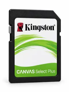 Illustration générée par IA d’une carte SD grand format Kingston Canvas Select Plus Gen3, boîtier noir et étiquette verte et blanche, sans capacité indiquée