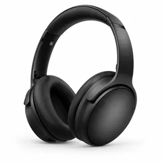 Illustration générée par IA du casque Bose QuietComfort Headphones (2023), arceau noir rembourré et deux oreillettes noires, sur fond blanc