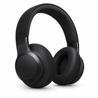 Illustration générée par IA du casque JBL Live 770NC, arceau noir rembourré et deux oreillettes noires, sur fond blanc
