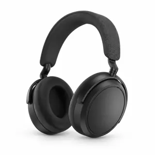 Illustration générée par IA du casque Sennheiser MOMENTUM 4 Wireless, arceau noir rembourré et deux oreillettes noires, sur fond blanc