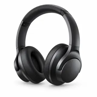 Illustration générée par IA du casque soundcore Q20i A3004, arceau noir rembourré et deux oreillettes noires, sur fond blanc