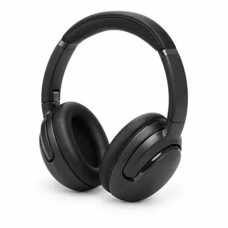 Illustration générée par IA du casque JBL Tour One M2, arceau noir rembourré et deux oreillettes noires, sur fond blanc