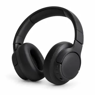 Illustration générée par IA du casque JBL Tune 720BT, arceau noir rembourré et deux oreillettes noires, sur fond blanc
