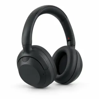 Illustration générée par IA du casque Sony ULT WEAR WH-ULT900N, arceau noir rembourré et deux oreillettes noires, sur fond blanc