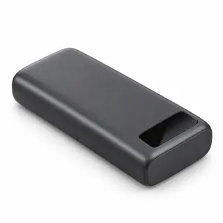 Illustration générée de famille : batterie externe grise rectangulaire aux angles arrondis avec un afficheur sombre, sans représentation exacte du modèle