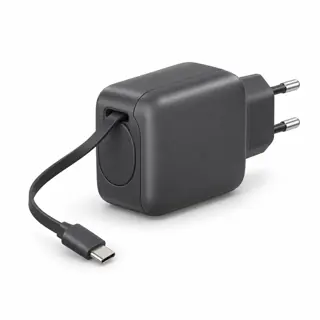 Illustration générée de famille : bloc secteur gris foncé avec un câble USB-C déployé et des broches rondes, sans représentation exacte du modèle