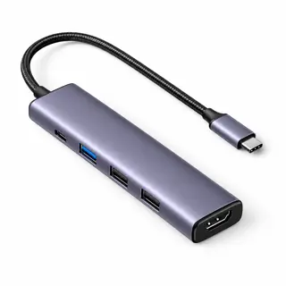 Illustration générée du hub UGREEN 15495 : boîtier gris sur fond blanc, avec câble hôte USB-C ; rendu indicatif des connecteurs